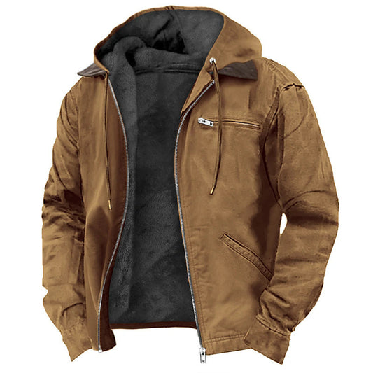 Winter Hooded Coat With Pockets Fashion Warm Fleece Zip-up Jacket Casual Outwear Men's Clothing