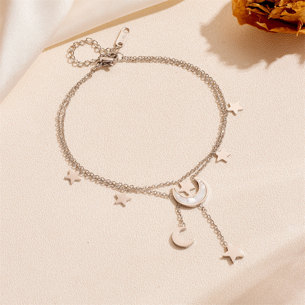 Cute Heart Star Moon Tassel Anklet Stainless Steel
