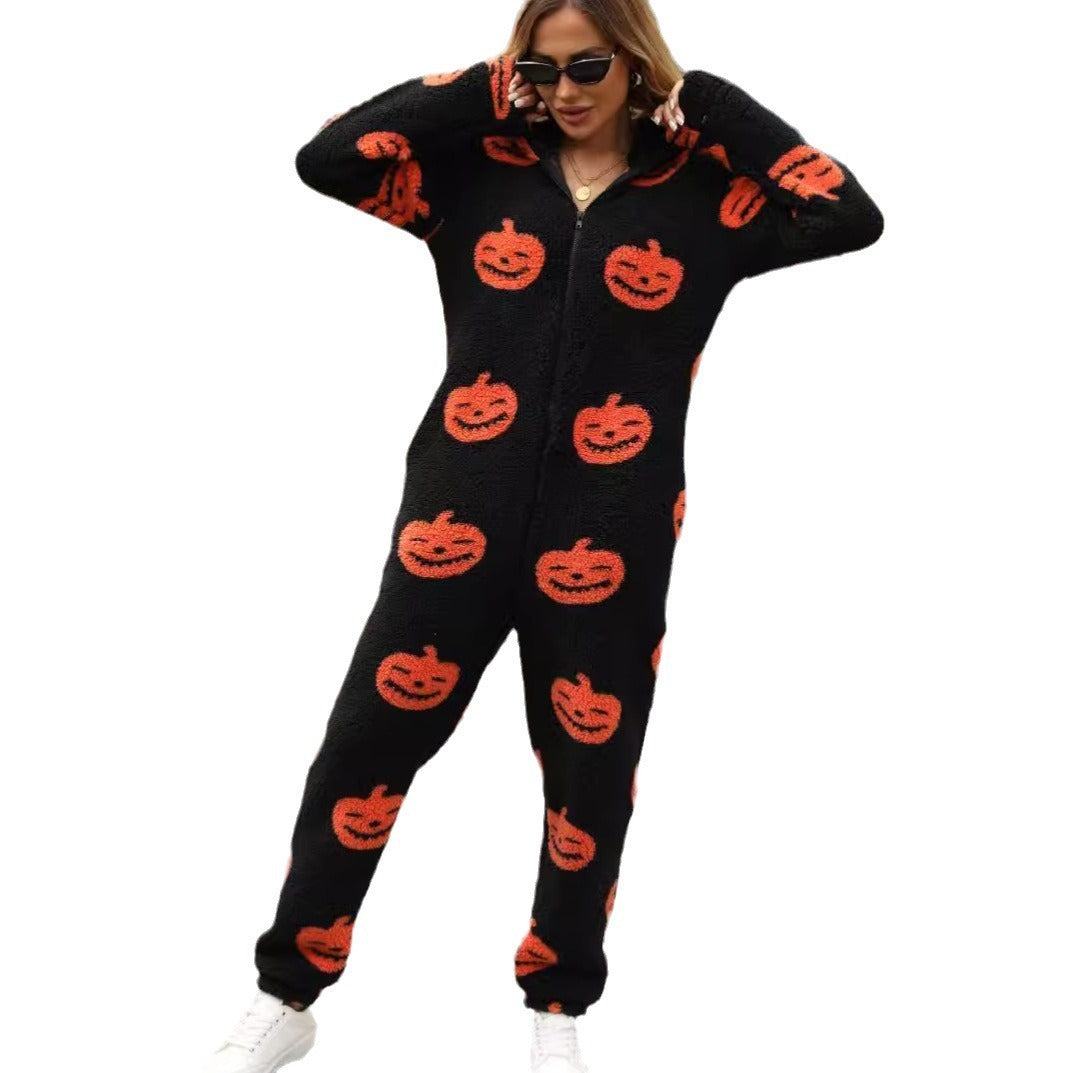 European And American Autumn And Winter New Halloween Pumpkin Print Loose Zip Plush Jumpsuit