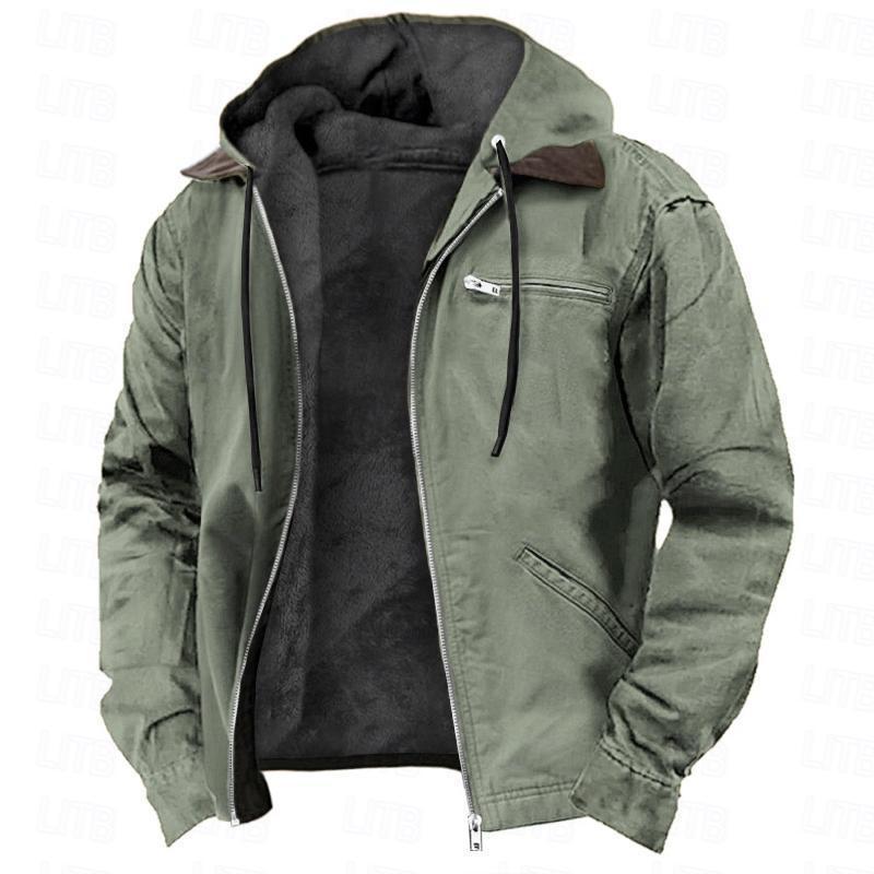 Winter Hooded Coat With Pockets Fashion Warm Fleece Zip-up Jacket Casual Outwear Men's Clothing